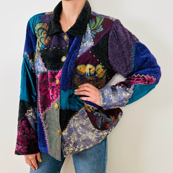 Vintage Tapestry Patch Velour Knit Gold Button Jacket boho quilted - Picture 2 of 10